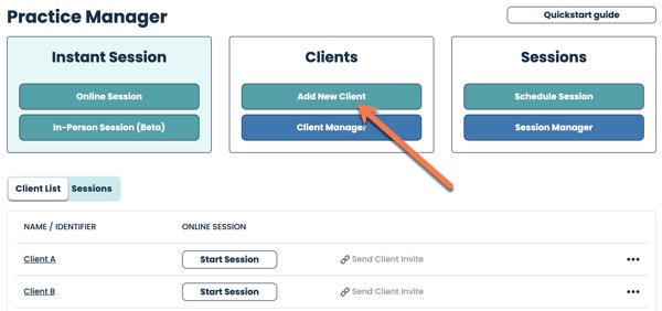 Location of 'Add New Client' button on Practice Manager Screen