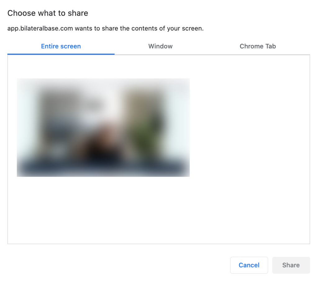 Screenshot showing the different options for sharing all or part of your screen